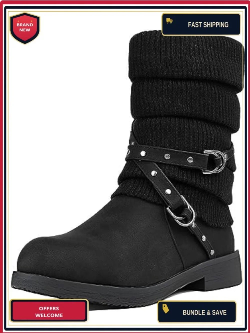 Mid Calf Knit Winter Snow Boots with Zipper - Women's Faux Leather Warm Boots